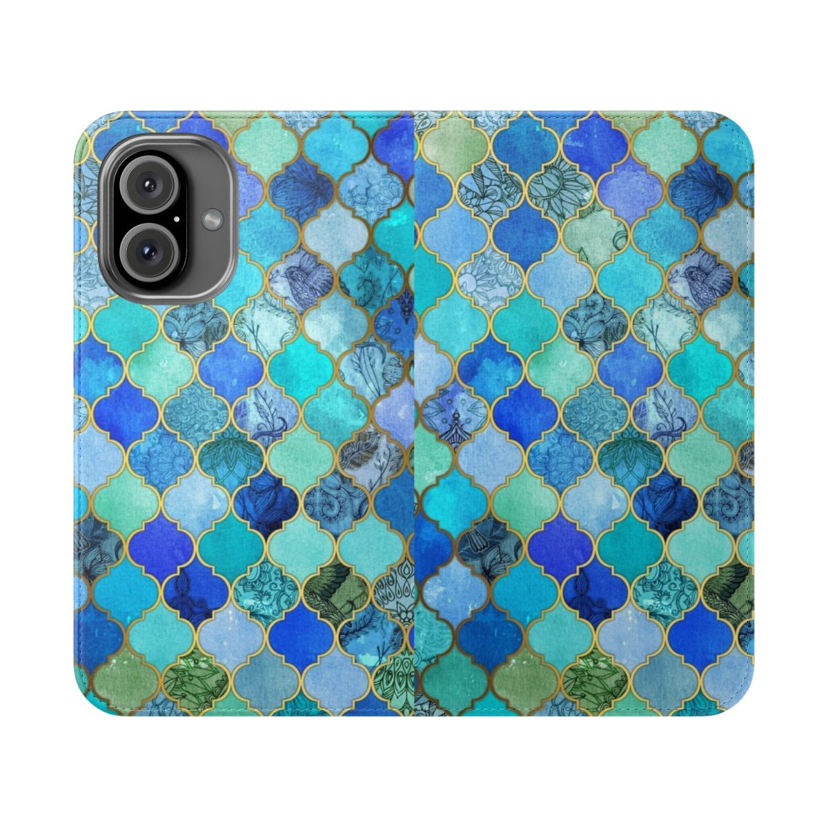 Decorative tile pattern flip phone case in cobalt blue, aqua, and gold colors