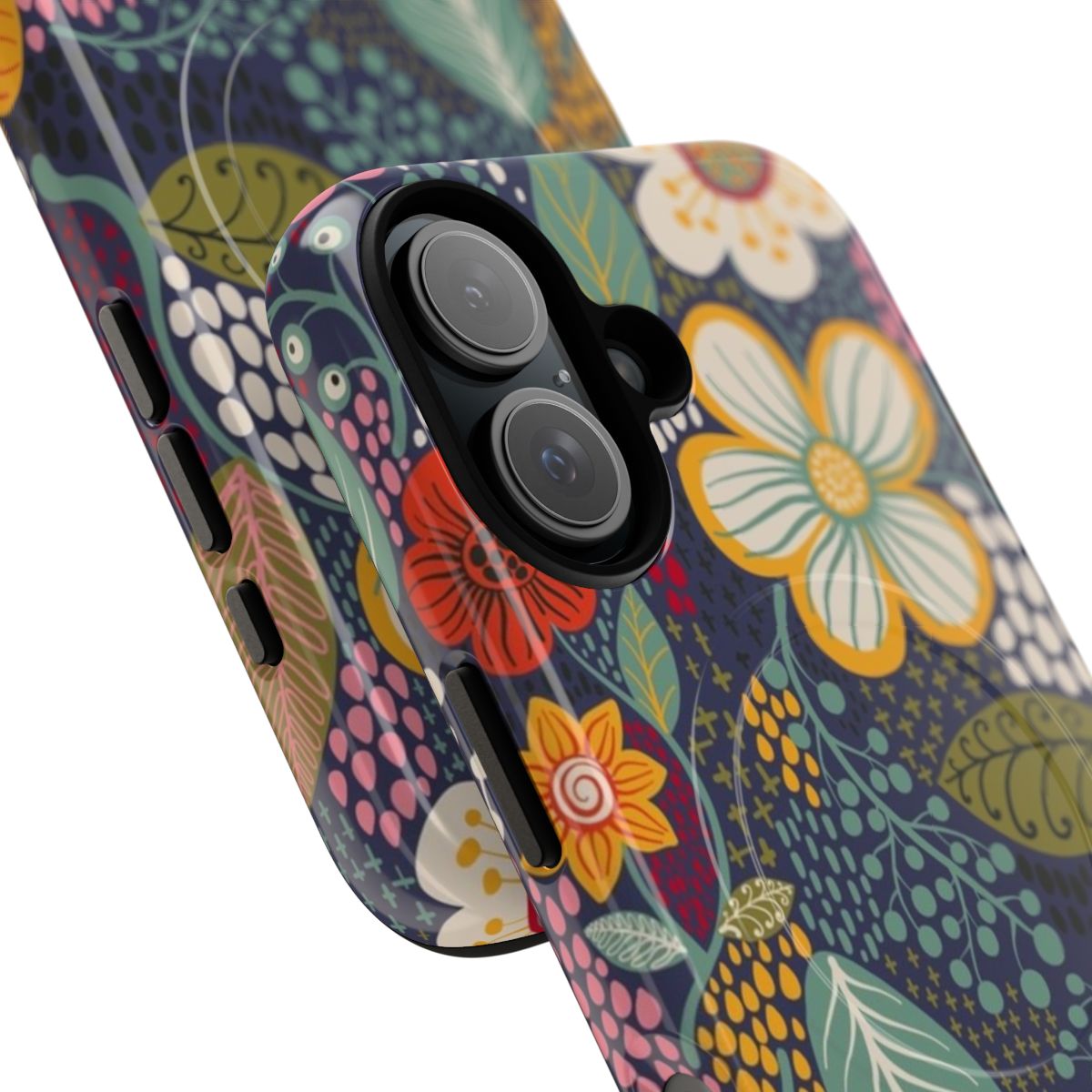 Stylish and protective phone case featuring a beautiful floral secret garden pattern in navy blue and yellow. - Detail