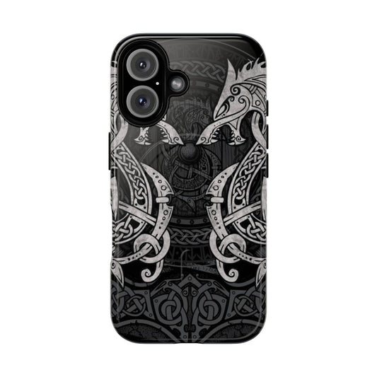 Magnetic phone case featuring a stylized, mythological Nordic wolf design