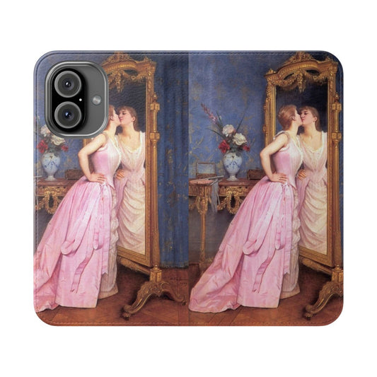 A vintage-style flip cover phone case featuring a classical portrait of a woman