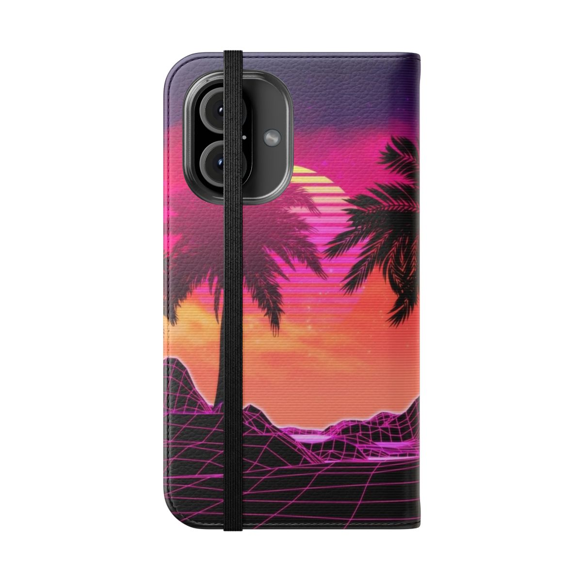 Retro futuristic vaporwave landscape with pink, purple, and coral colors, featuring rocks, palm trees, and a glitchy, geometric background. - Folded Front