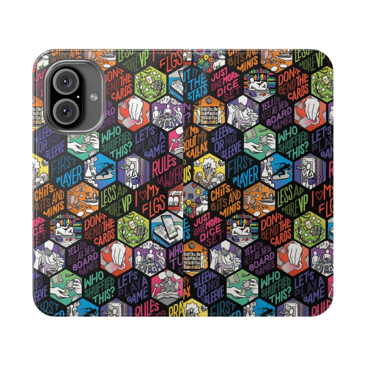 A hexagonal flip phone case with board game-inspired designs for the passionate tabletop gamer.