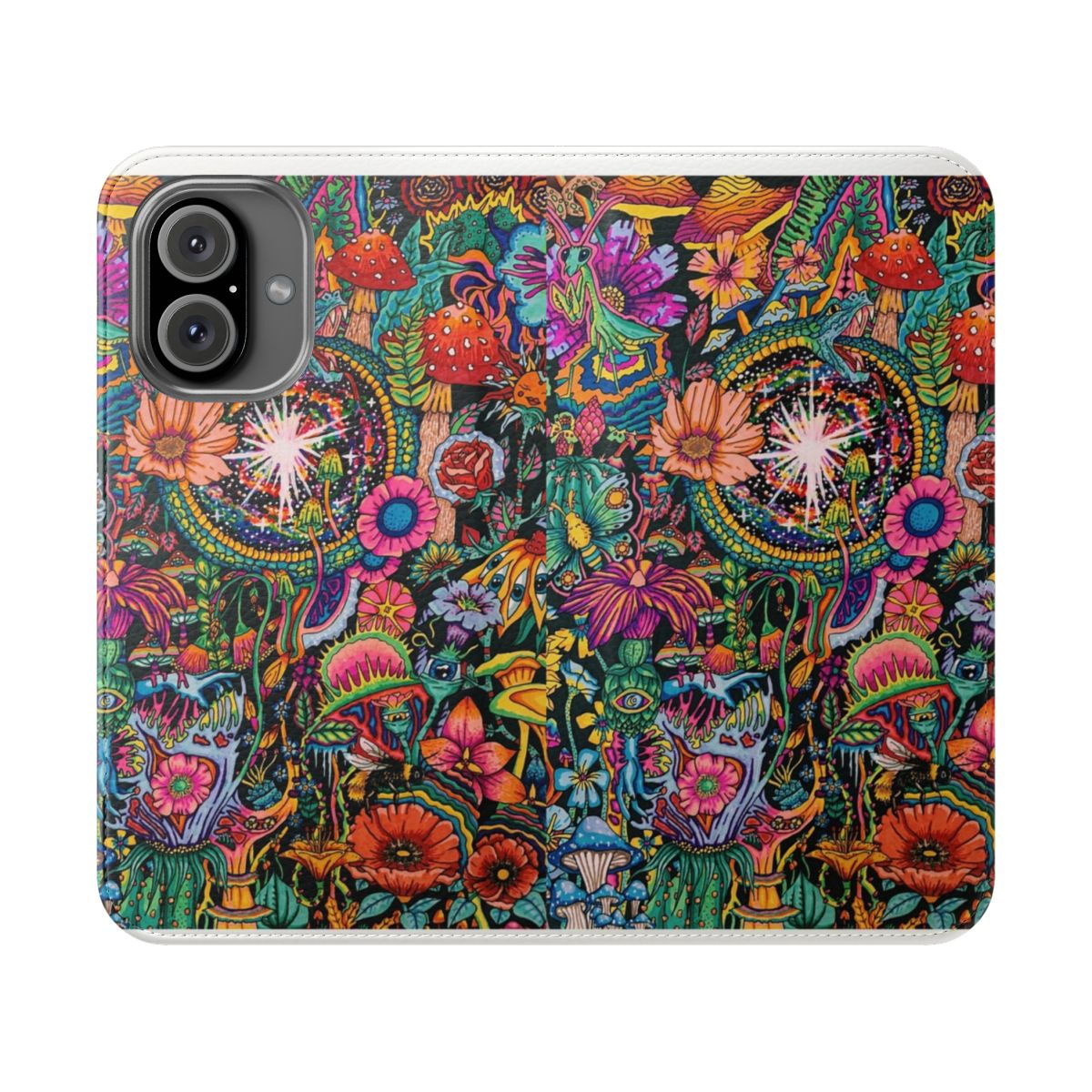 Colorful, trippy, and psychedelic phone case with a magical garden design featuring snakes and mushrooms.