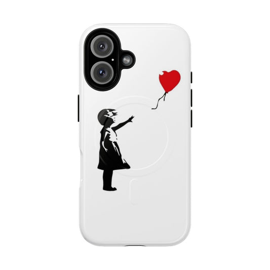 Magnetic phone case with a black, white, and red design inspired by Banksy's famous "Girl with Balloon" street art.