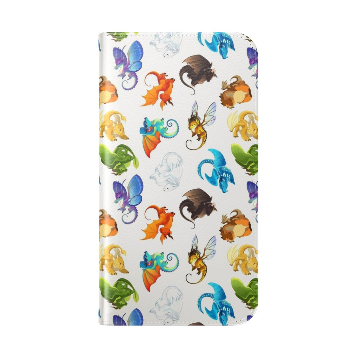 Whimsical flip cover phone case featuring a colorful Wings of Fire dragon design - Folded Back