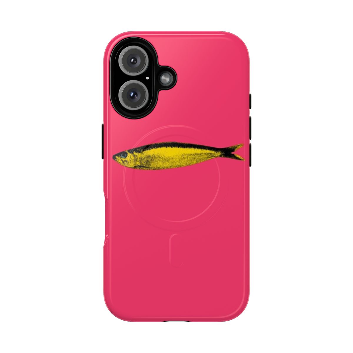 Vibrant pop art-inspired pink sardine phone case with a magnetic tough design