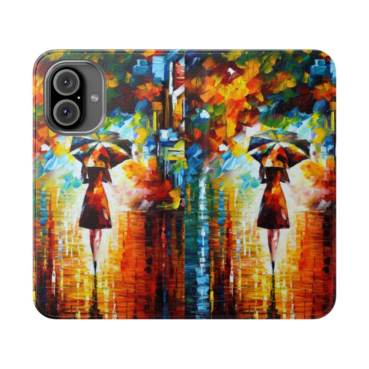 Flip cover phone case with an artistic oil painting design by Leonid Afremov featuring a wild cat in nature.