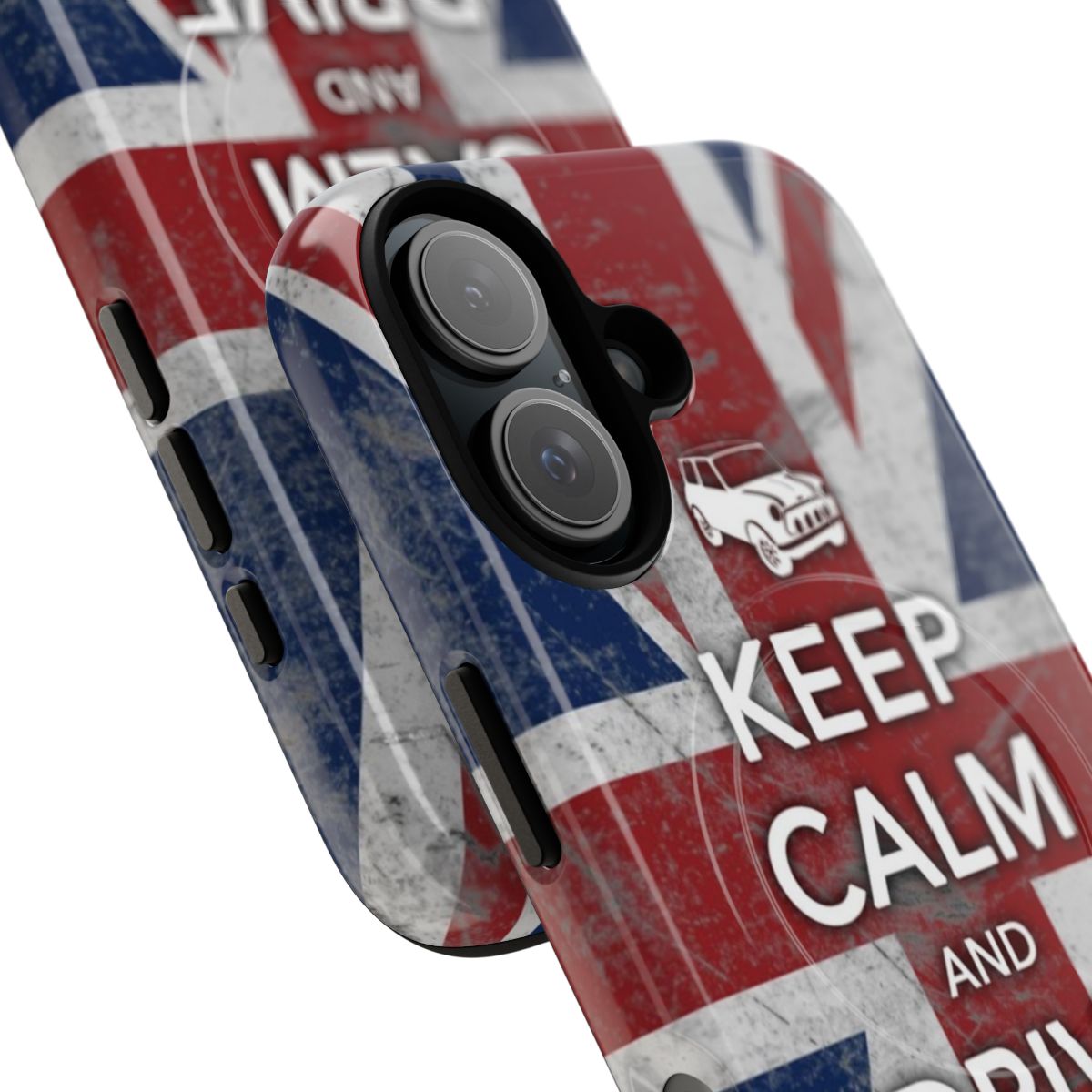 Magnetic tough phone case with mini cooper, British flag, and war-time design elements - Detail