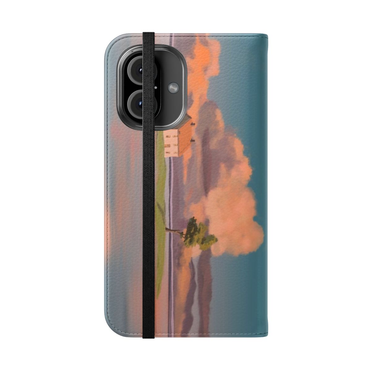 A flip phone case featuring a tranquil landscape scene from the Studio Ghibli film Spirited Away. - Folded Front