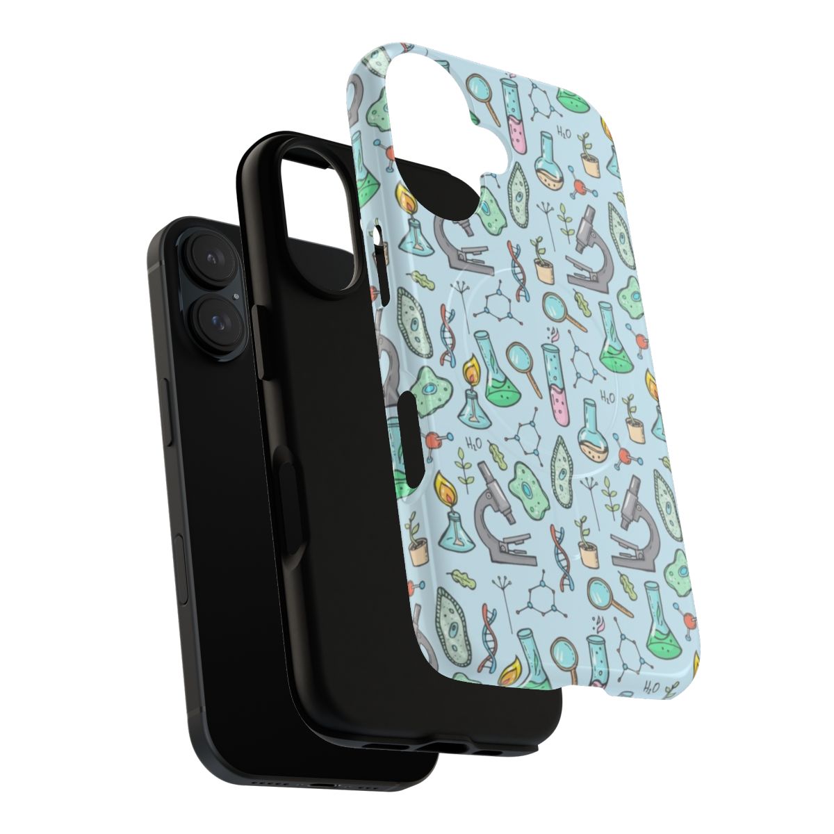 Magnetic phone case with science-themed design featuring microscope, DNA, and other biology and chemistry elements - Layers