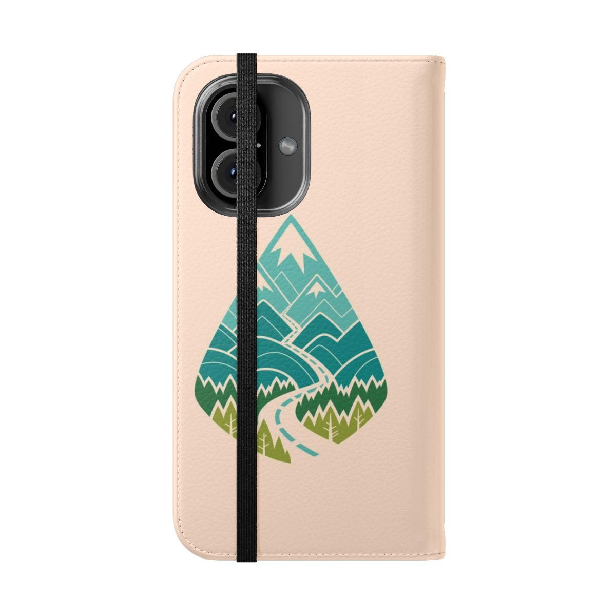 Scenic phone case with a nature landscape design of a road winding through mountains, hills, and forests. - Folded Front