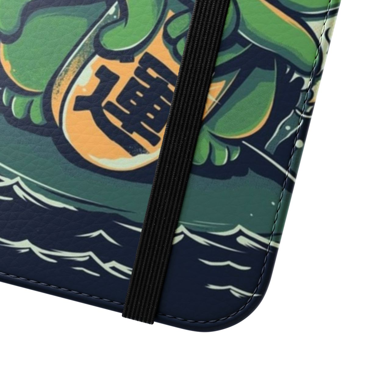 A flip cover phone case featuring a cute, cartoonish depiction of the Cthulhu, a mythical sea creature from the works of H.P. Lovecraft. - Close Up