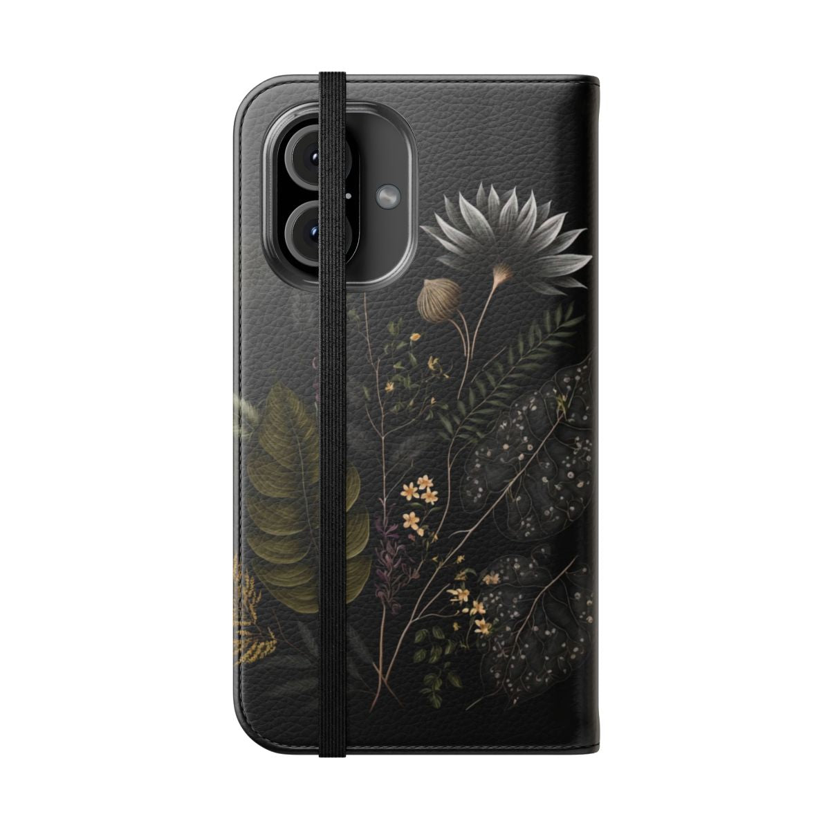 Moody floral and botanical design on a dark academia style flip phone case - Folded Front