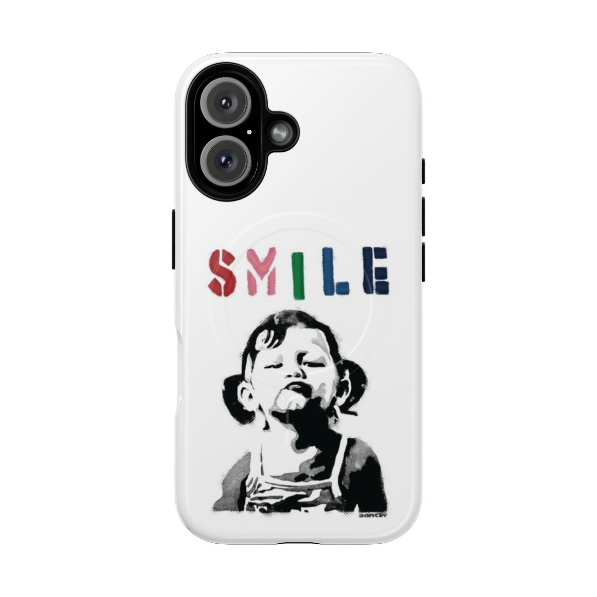 High-quality phone case featuring a Banksy-inspired graffiti design with a defiant woman not smiling.