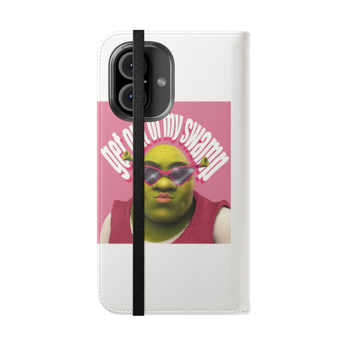 Shrek-inspired pink flip cover phone case with "Get Out of My Swamp" sticker - Folded Front