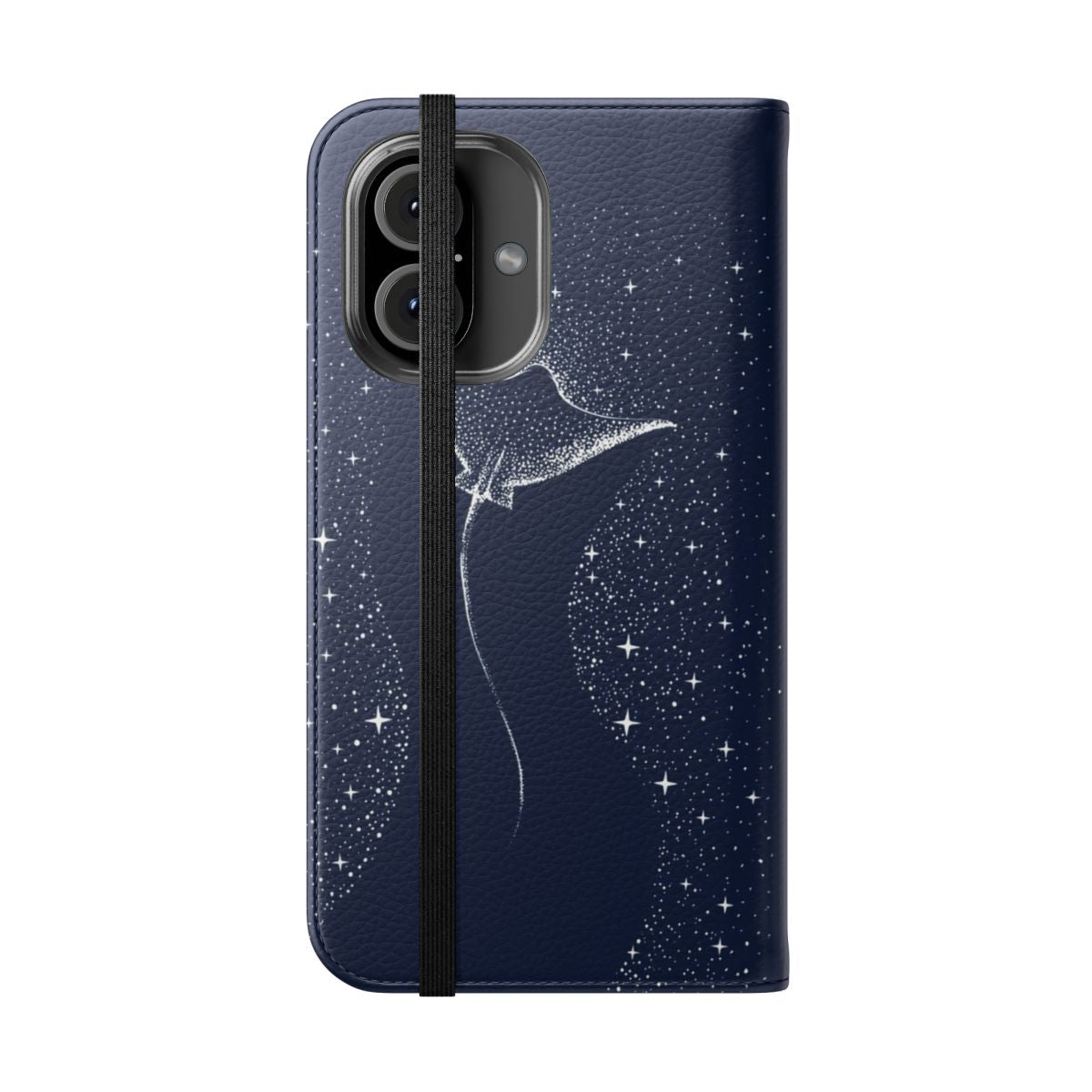 Cosmic surreal phone case with illustration of spotted eagle ray, shark, and space elements - Folded Front