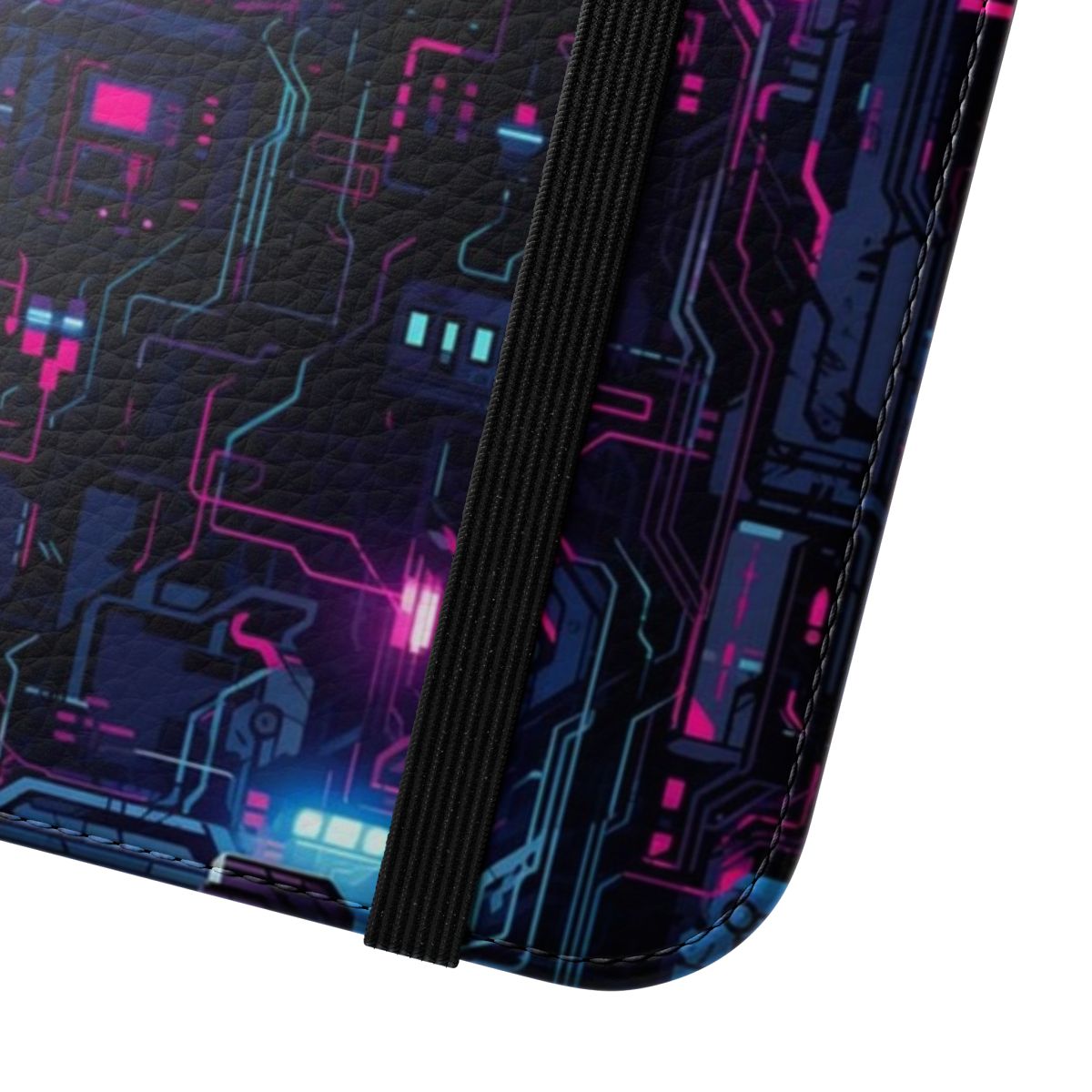 A futuristic and cyberpunk-themed flip cover phone case with sci-fi design elements. - Close Up