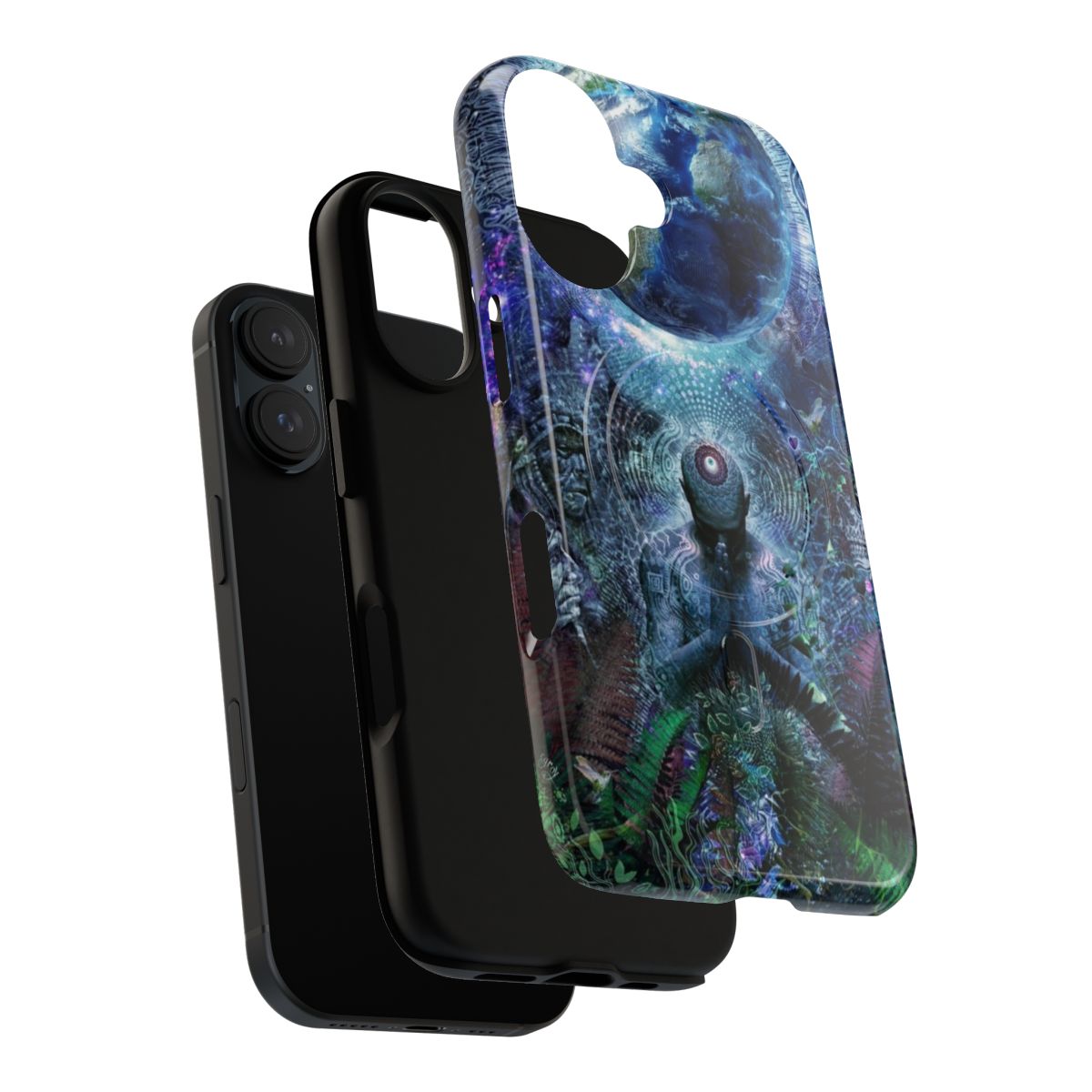 Surreal and visionary phone case featuring a landscape design with elements of nature and spirituality. - Layers