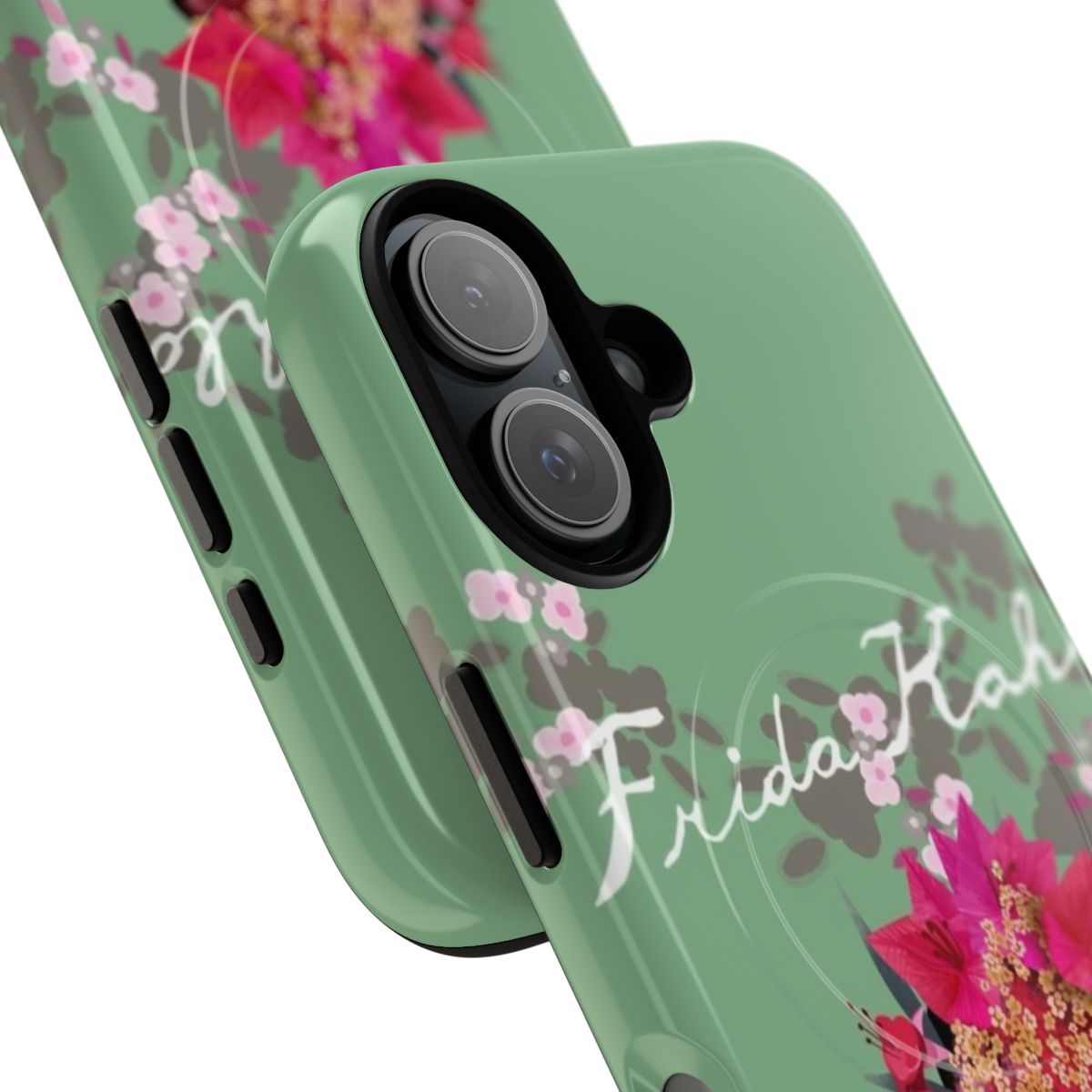 Vibrant and artistic phone case featuring a portrait of Mexican painter Frida Kahlo surrounded by colorful flowers and leaves. - Detail