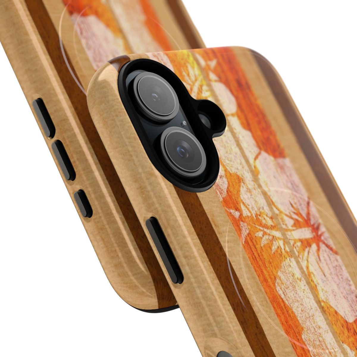 Orange faux wood surfboard-inspired phone case with tropical design - Detail