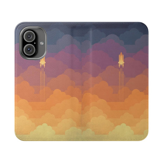 A flip cover phone case featuring an artistic depiction of clouds, planets, and a starry night sky