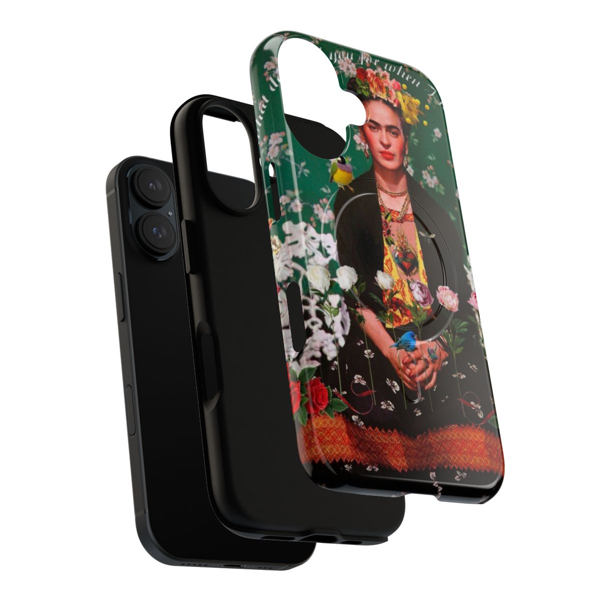 Vibrant floral and bird-themed phone case featuring Frida Kahlo's iconic image - Layers