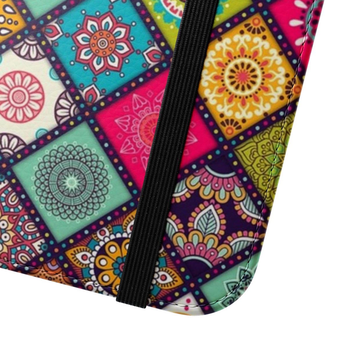 Colorful mandala pattern on a flip cover phone case - Close Up