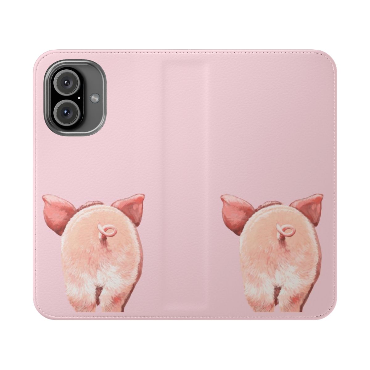 A pink phone case featuring a cute and adorable piglet with a big nose and curly tail.