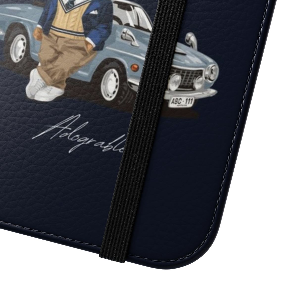 Vintage classic car themed phone case with flip cover design - Close Up