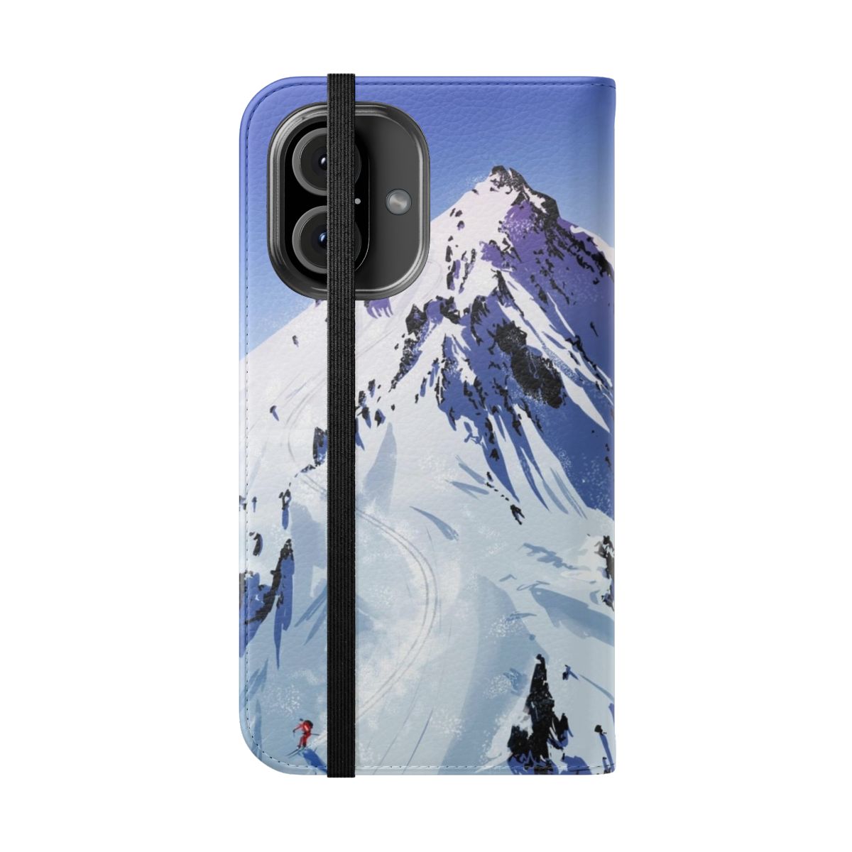 A durable flip phone case with a mountain, ski, and winter-themed design. - Folded Front