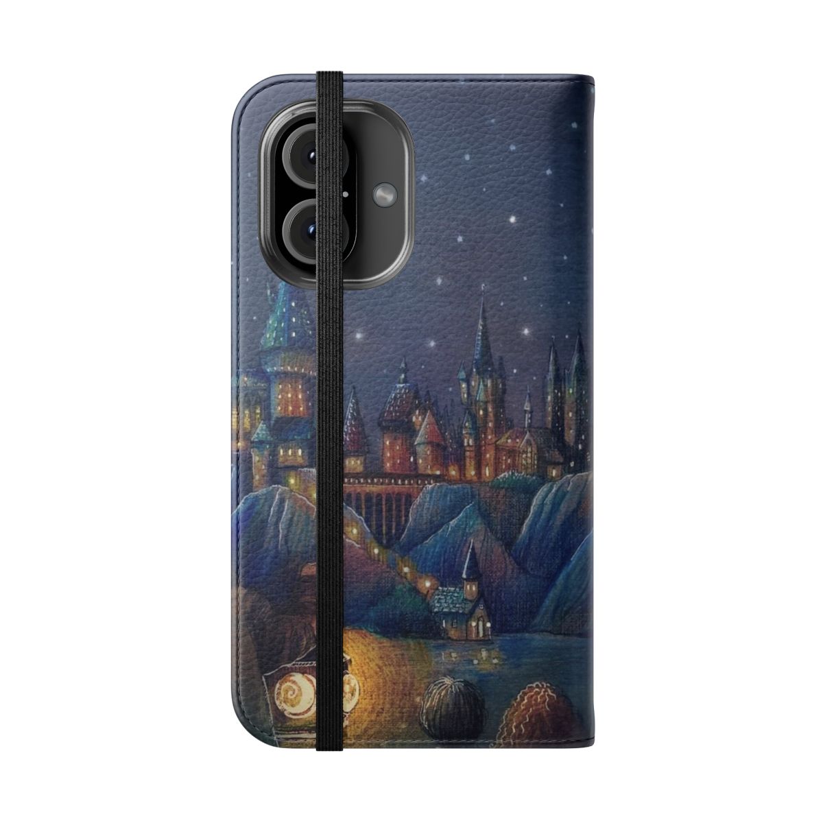 Whimsical fantasy phone case with a blue castle and magical elements - Folded Front