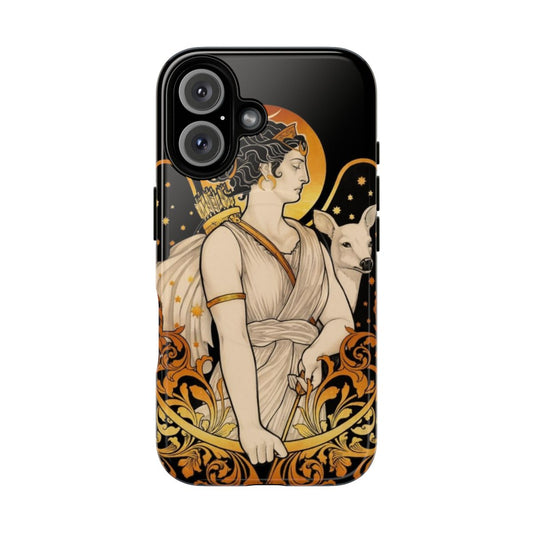 Magnetic tough phone case featuring a golden filigree design inspired by the Greek goddess Artemis.