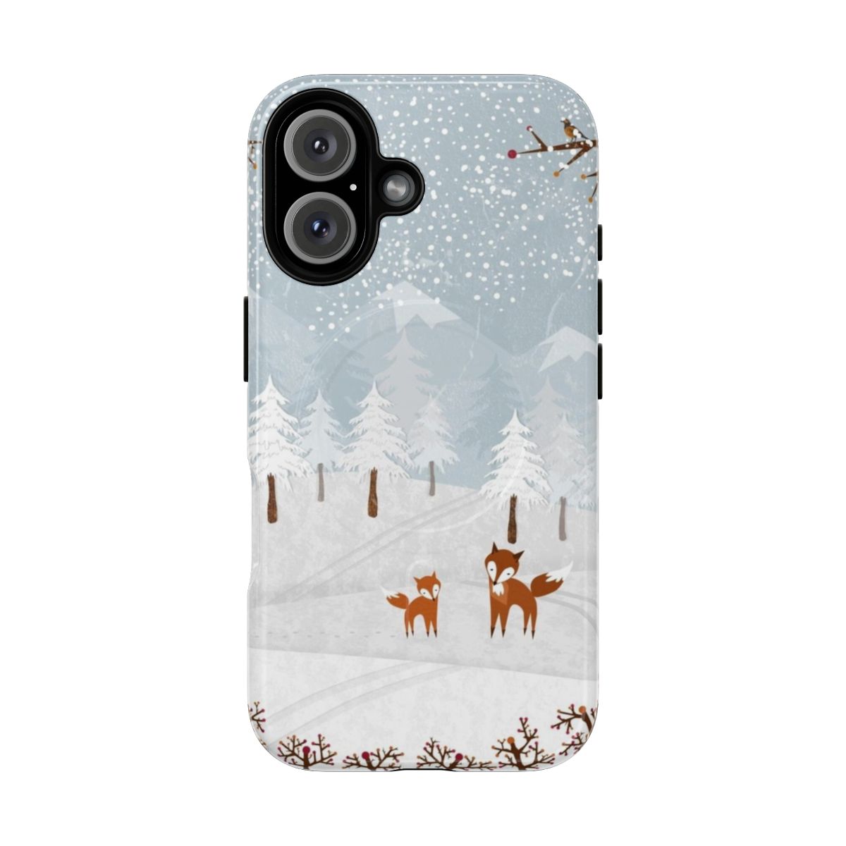 Closeup of a fox surrounded by snow and trees on a phone case