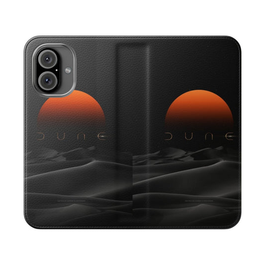 Sunset-colored flip cover phone case with a stylized dune-inspired design