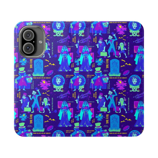 Haunted Mansion inspired flip cover phone case with spooky graphics