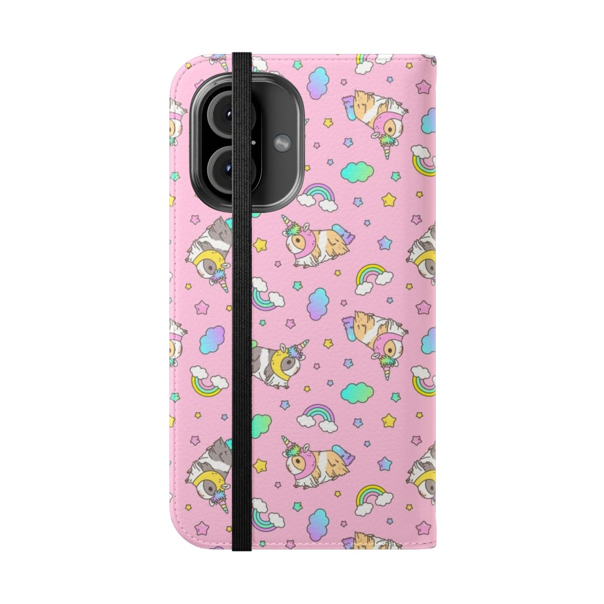 A pink flip phone case featuring a kawaii pink and rainbow guinea pig pattern design. - Folded Front