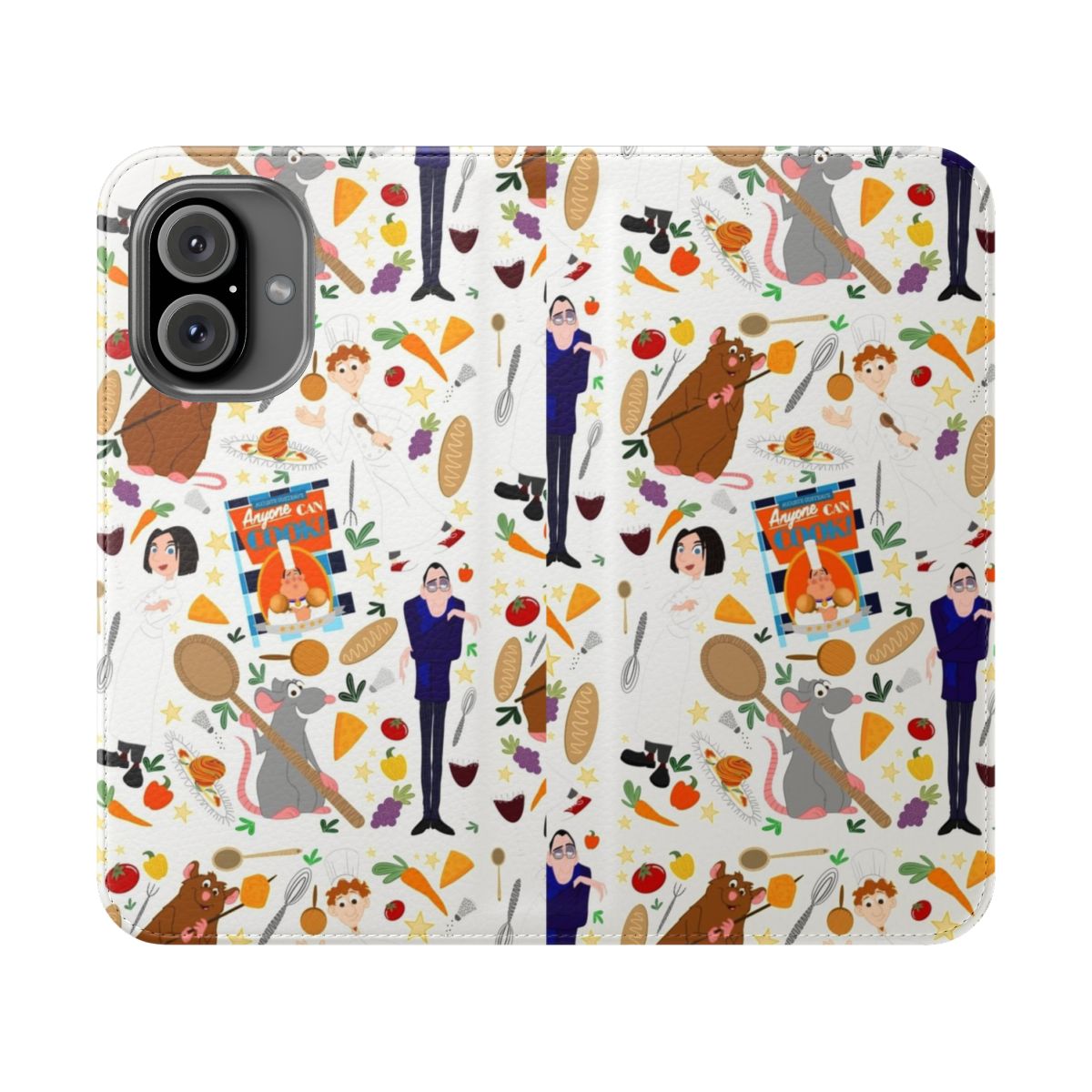 Ratatouille-themed flip cover phone case with characters Remy, Colette, and Linguini