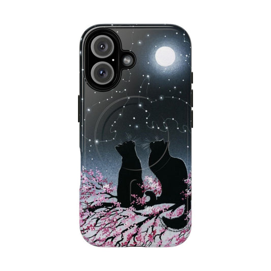 Sakura-patterned magnetic tough phone case with a black cat silhouette against a night sky with moon and stars