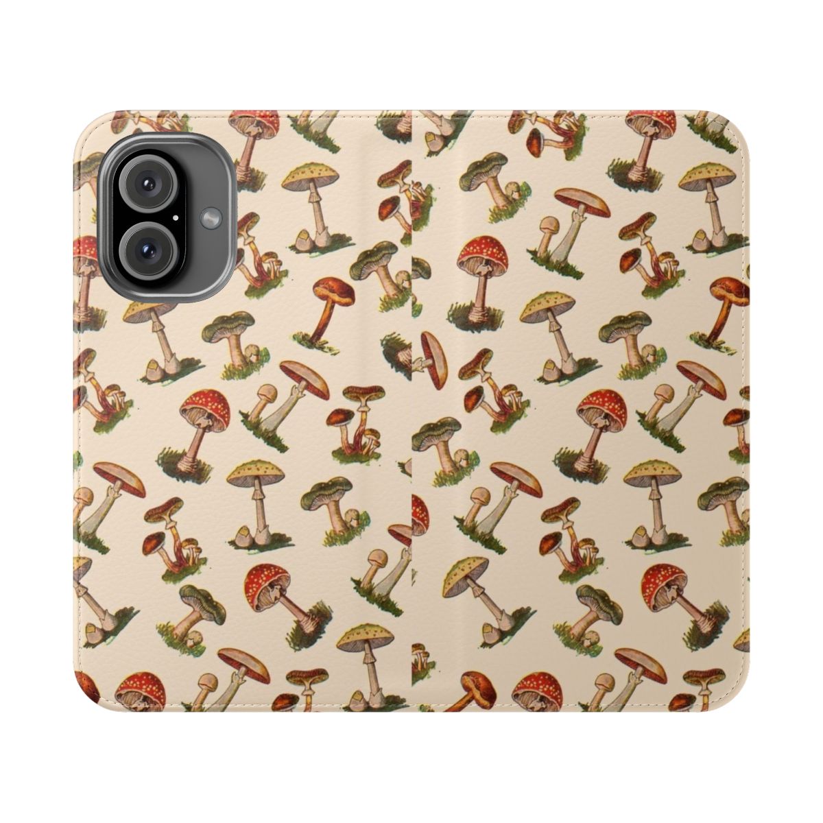 Flip cover phone case featuring a pixelated mushroom design in a nature-inspired scene.