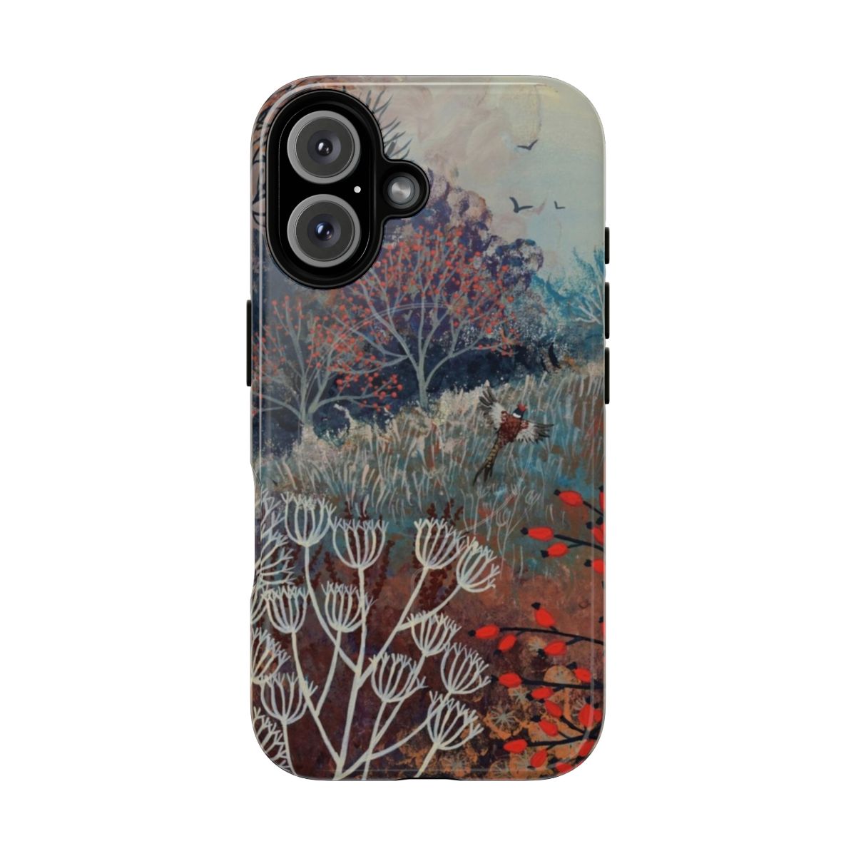 Autumn landscape phone case featuring pheasants, seedheads, and berries