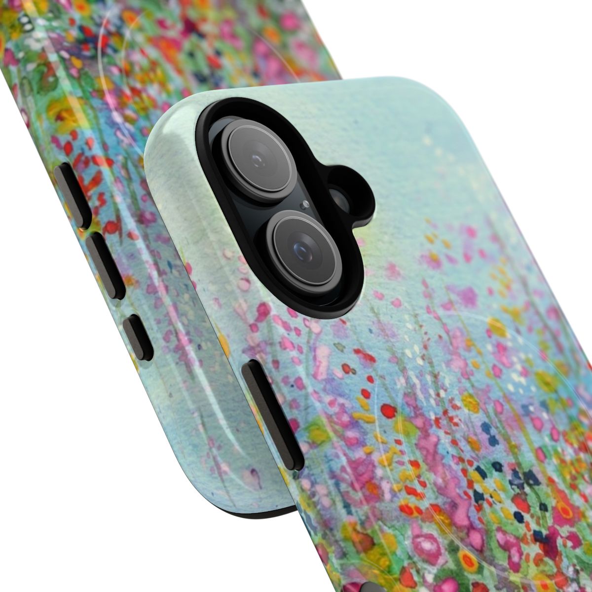 Colorful watercolor painting of a flower meadow on a phone case - Detail