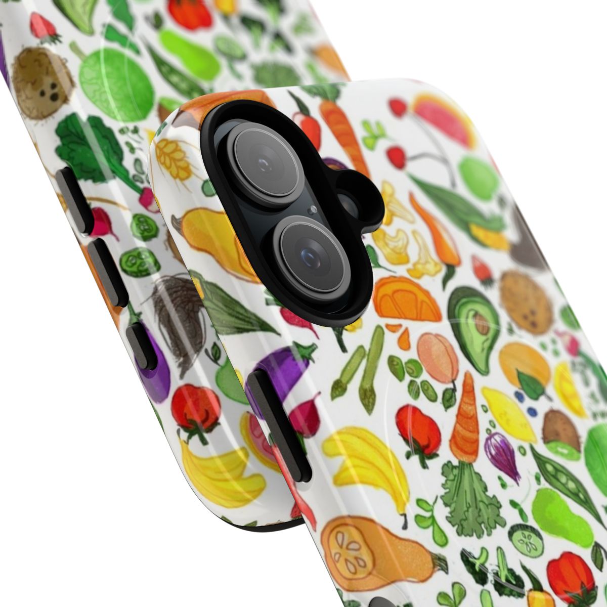 Colorful and vibrant phone case featuring a pattern of various fruits and vegetables - Detail