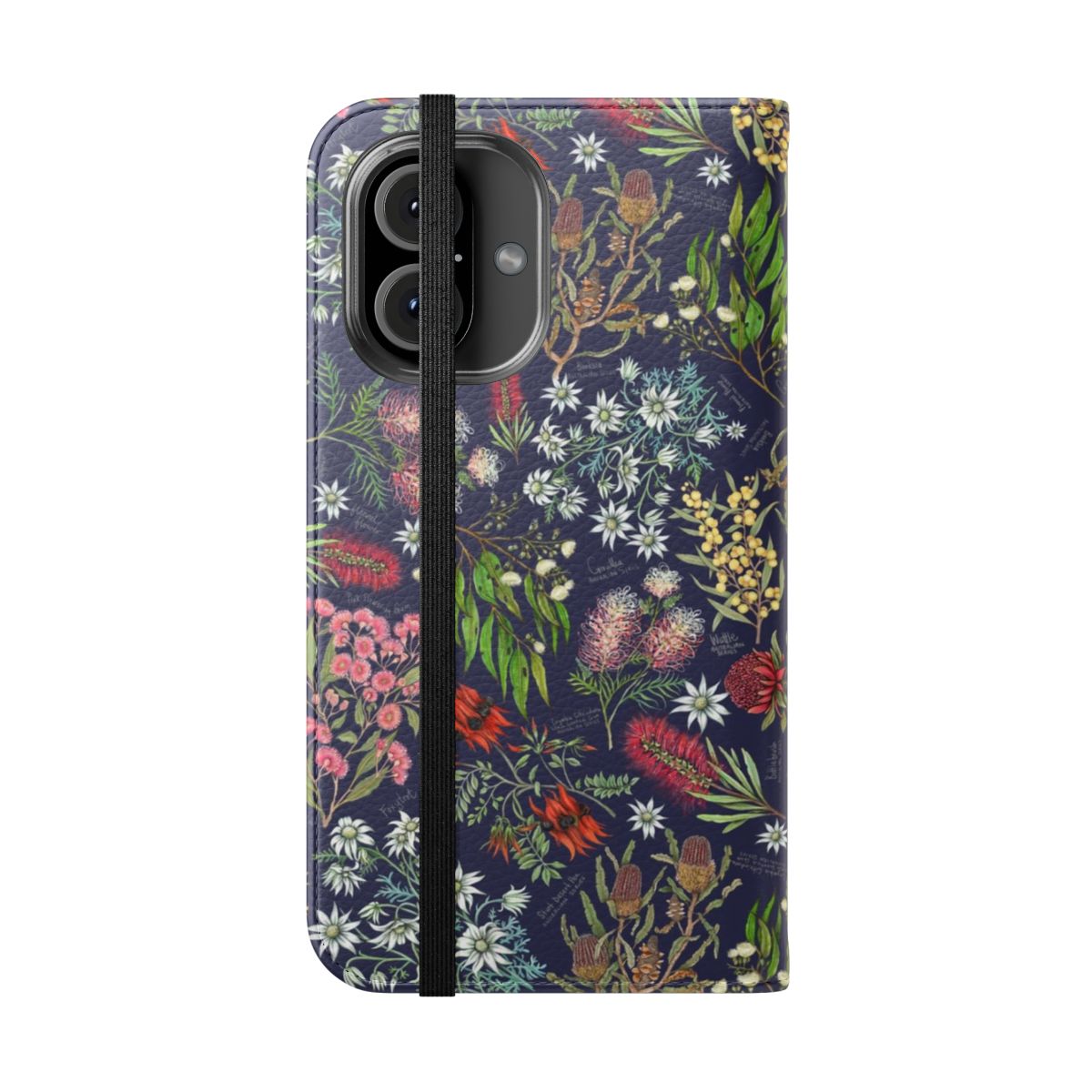 Navy blue phone case featuring a hand-drawn floral design with native Australian botanical illustrations - Folded Front