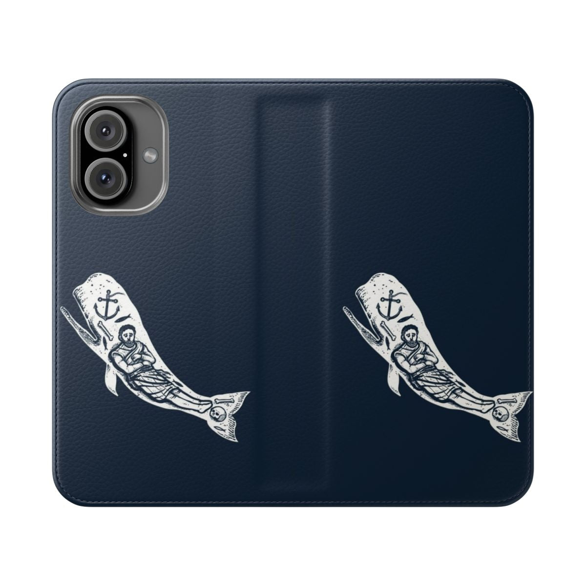 Flip cover phone case with a religious design featuring the biblical story of Jonah and the Whale.