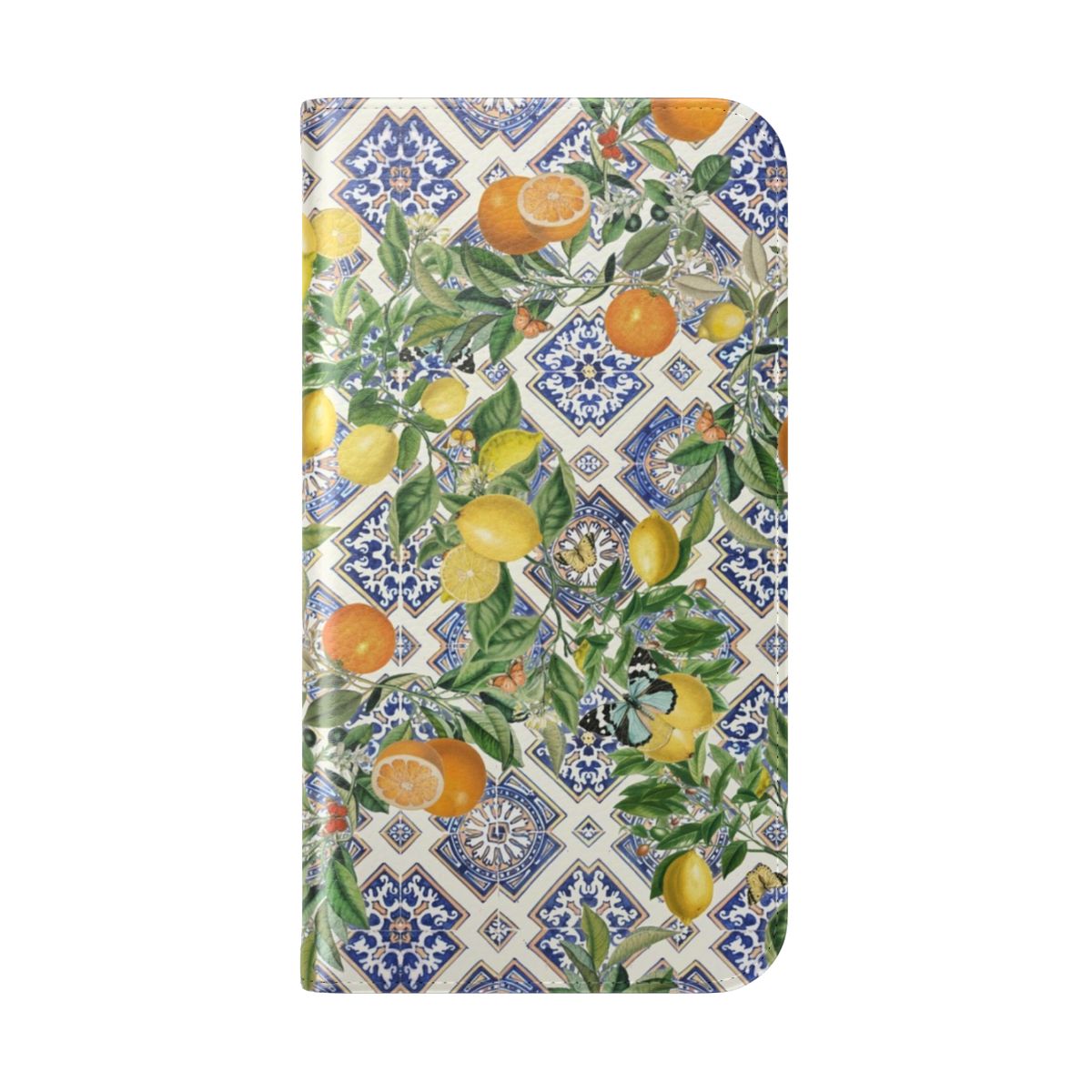 Flip cover phone case featuring a vibrant Sicilian-inspired pattern of citrus fruits and Mediterranean tiles in shades of blue, yellow, and orange. - Folded Back