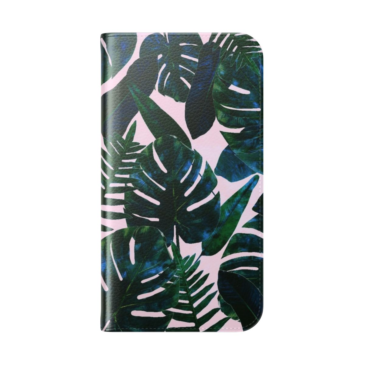 Flip cover phone case featuring a vibrant tropical botanical plants painting with palm leaves, monstera leaves, and banana leaves. - Folded Back