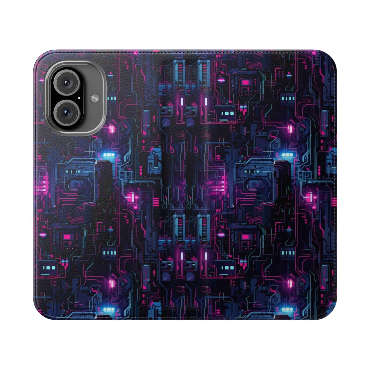 A futuristic and cyberpunk-themed flip cover phone case with sci-fi design elements.