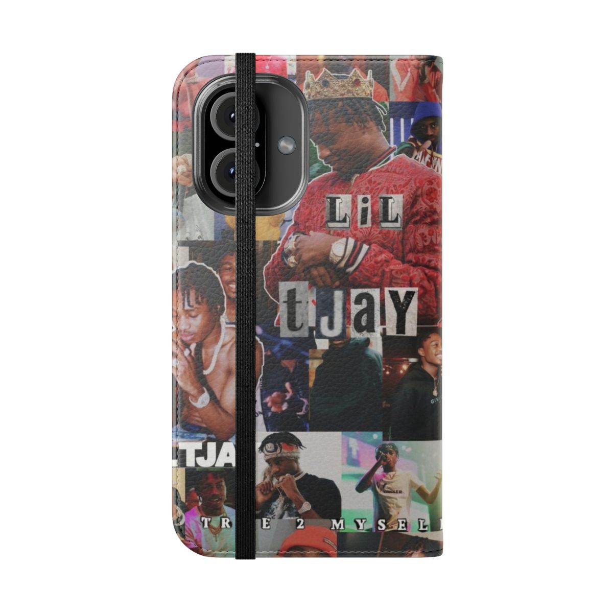 Lil Tjay inspired collage design on a flip cover phone case - Folded Front