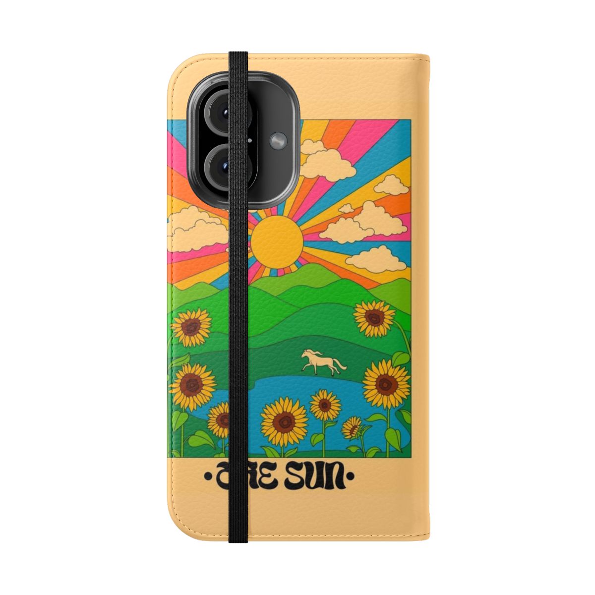 Colorful tarot-inspired flip cover phone case with sun, the fool, and other mystical symbols - Folded Front