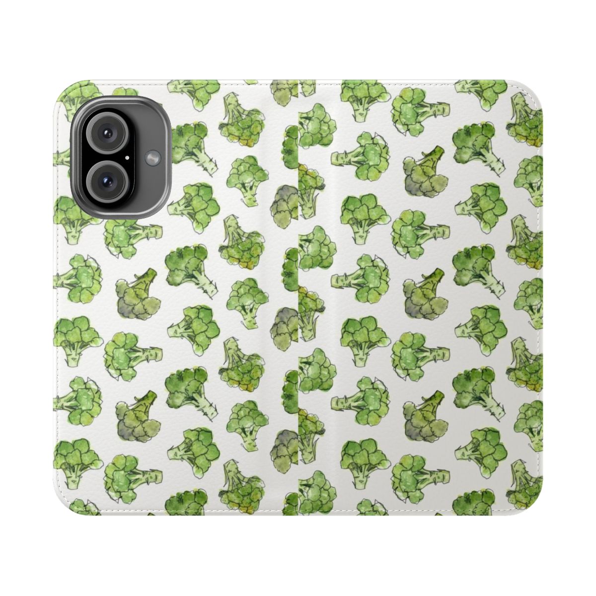 Stylish phone case featuring a vibrant watercolor illustration of broccoli florettes and a floral pattern.